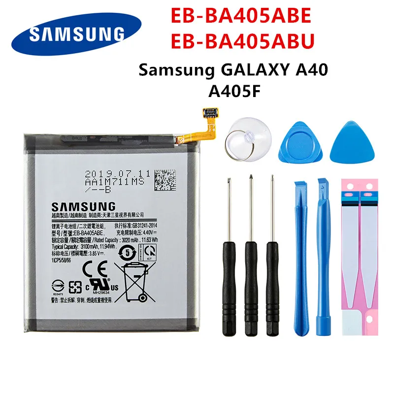 SAMSUNG Oriģinālā EB-BA405ABE EB-BA405ABU 3100mAh akumulators SAMSUNG Galaxy A40 2019 SM-A405FM/DS A405FN/DS GH82-19582A+Instrumenti