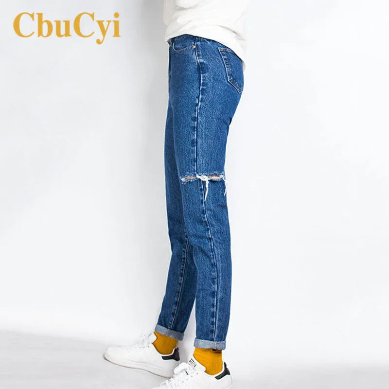 Sievietes Augsta Vidukļa Džinsus Plus Lieluma Modes BF Stila Caurumu Džinsa Bikses Sievietēm Taisni Gadījuma Ripped Džinsi Dāmas Vintage Bikses