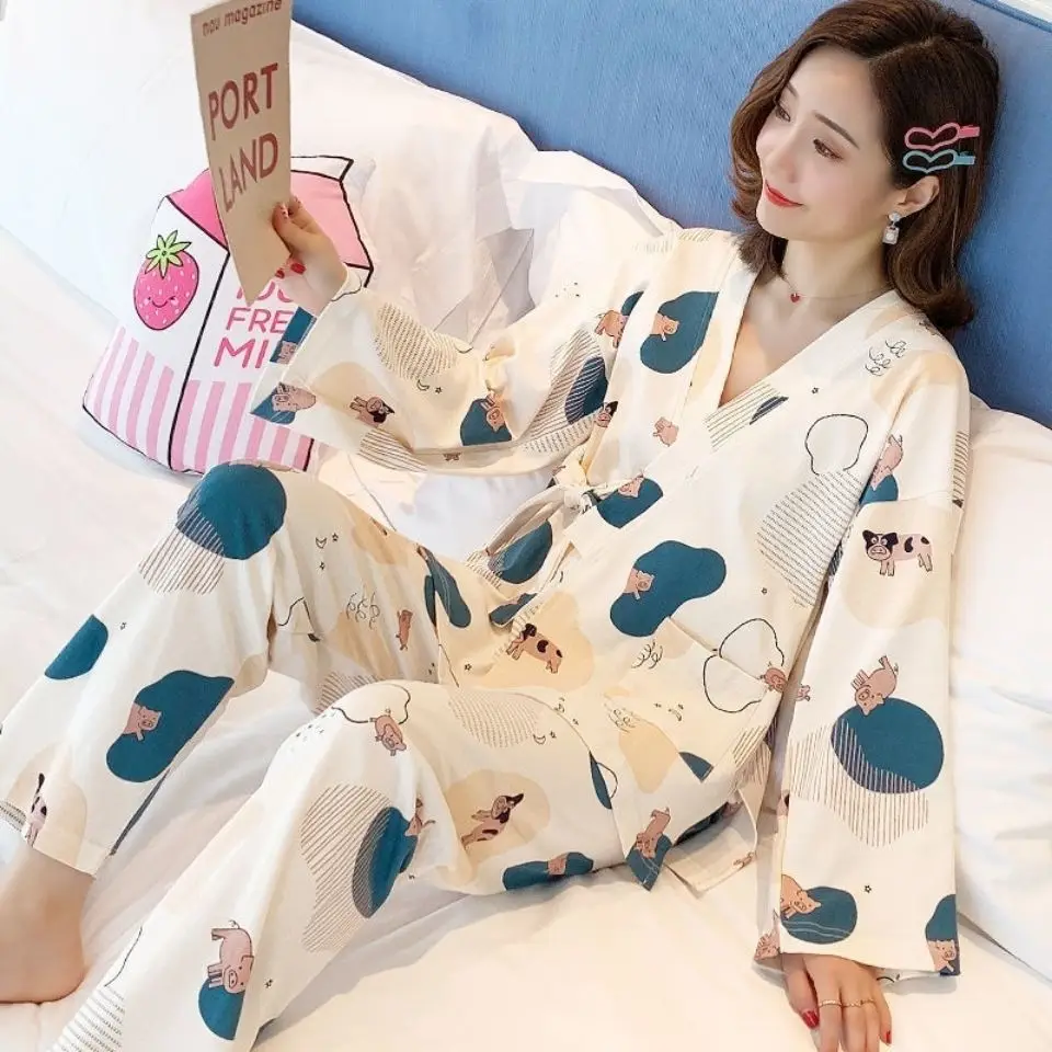 Sieviešu Kimono, Mājas Drēbes Sievietēm, Pavasarī un Rudenī Sleepwear Set Home (sākuma Valkā Seksīgas Pidžamas Sieviešu Kokvilnas Pyjama Femme