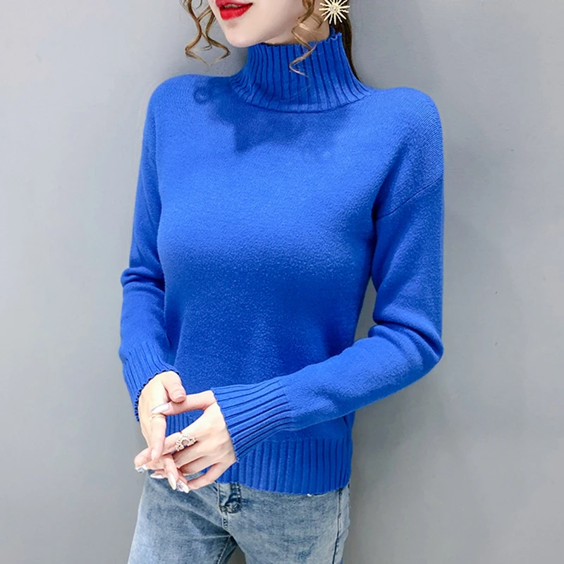 Sieviešu Zilā Ziemas Džemperi Augstu Uzrullētu Apkakli 2020. Gadam, Modes Garām Piedurknēm Gadījuma Puloveri Korejas Apģērbs Elegants Slim Trikotāžas Dāmu Topi,