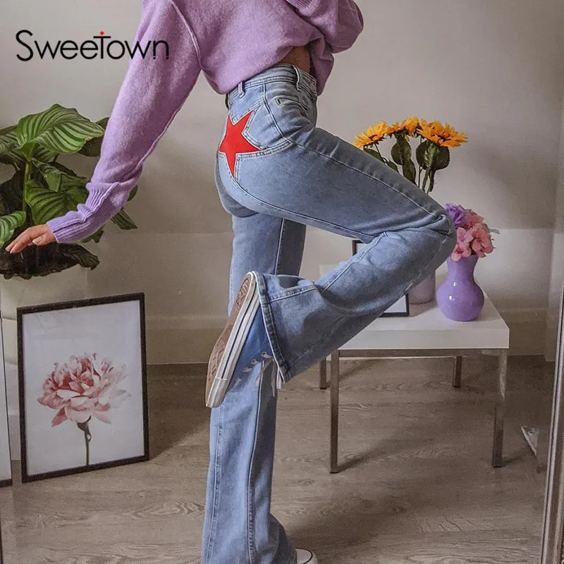Sweetown 90s Streetwear Pentagramma Plāksteri ar Zemu Vidukļa Džinsus Sieviešu Y2K Estētisko Džinsa Bikses Iela Tērpiem E Meitene Izlīdzināšanu Bikses
