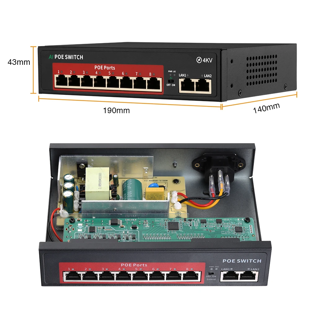 Techage 48V 4CH 8CH Tīkla POE Switch 10/100Mbps IEEE 802.3 af/pie Ethernet tīkla IP Bezvadu AP CCTV Kameras Sistēma