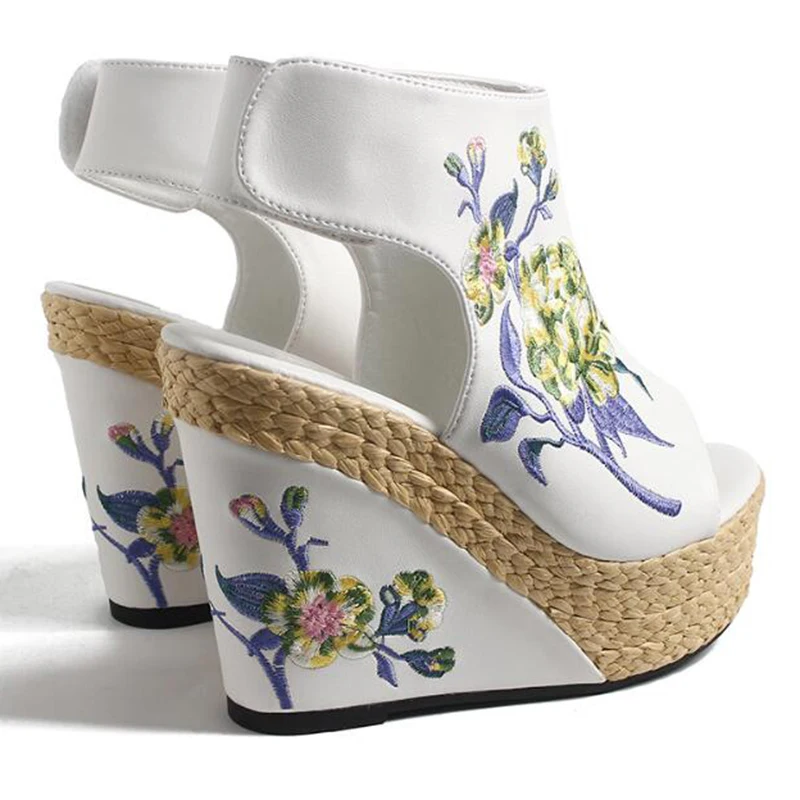 THEAGRANT 2019 Izšūti Ķīlis Sieviešu Sandales Platformas Vasaras Kurpes Peep Toe Vintage Augstiem Papēžiem Kaņepju Vienīgā Dāma Sūkņi WSS3051