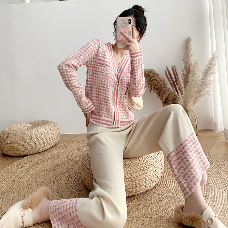 Trikotāžas Džemperis Komplekti Rudens Sieviešu Kostīmi Gadījuma Adīt Sieviete Dziesmu Uzvalks V-veida Kakla Džemperi Garās Bikses, Elegantas Dāmas Streetwear Komplekts