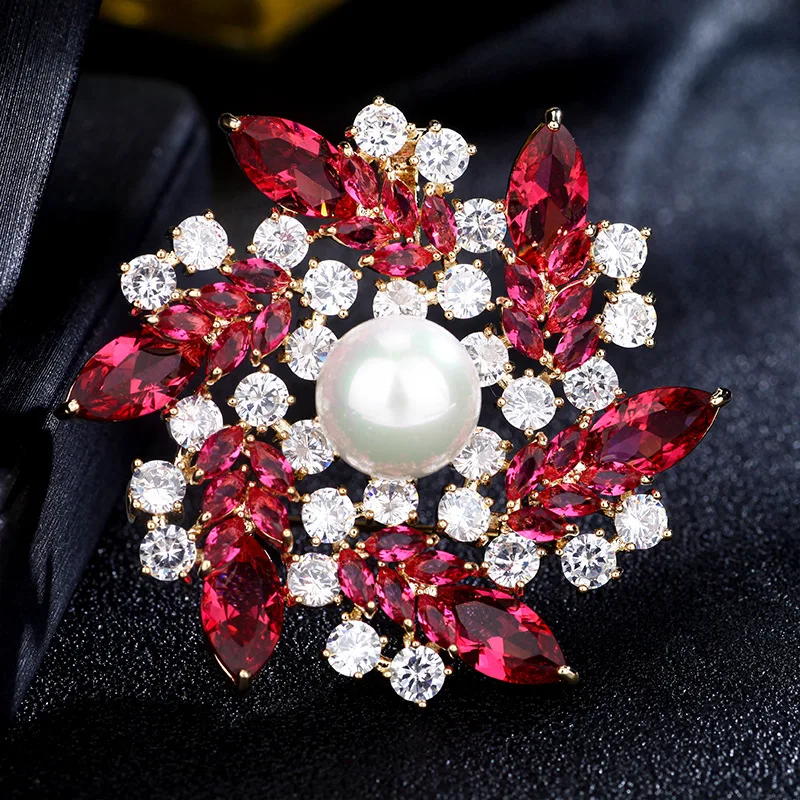 Vintage Red Rhinestone Vainags Broša Pin Luksusa Zircon Ziedu Piespraudes Sievietēm, Kāzu Aksesuāri, Rotaslietas Broaches Adatas