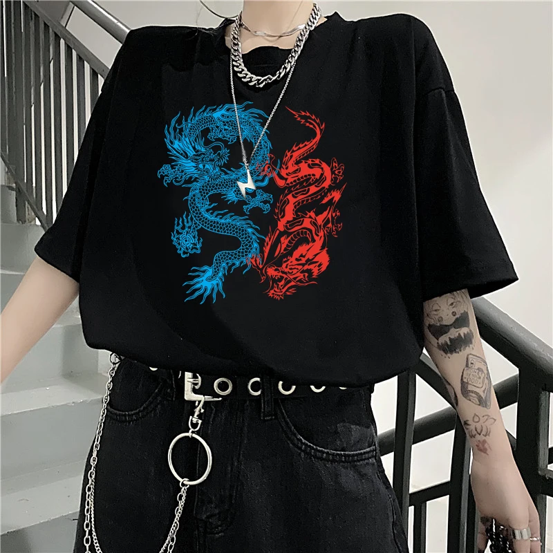 Vintage Ķīniešu Pūķis Print T-krekls Vasaras New Oversize Zaudēt Gadījuma Sievietes Streetwear Topi, Sieviešu T-krekls Ulzzang Harajuku