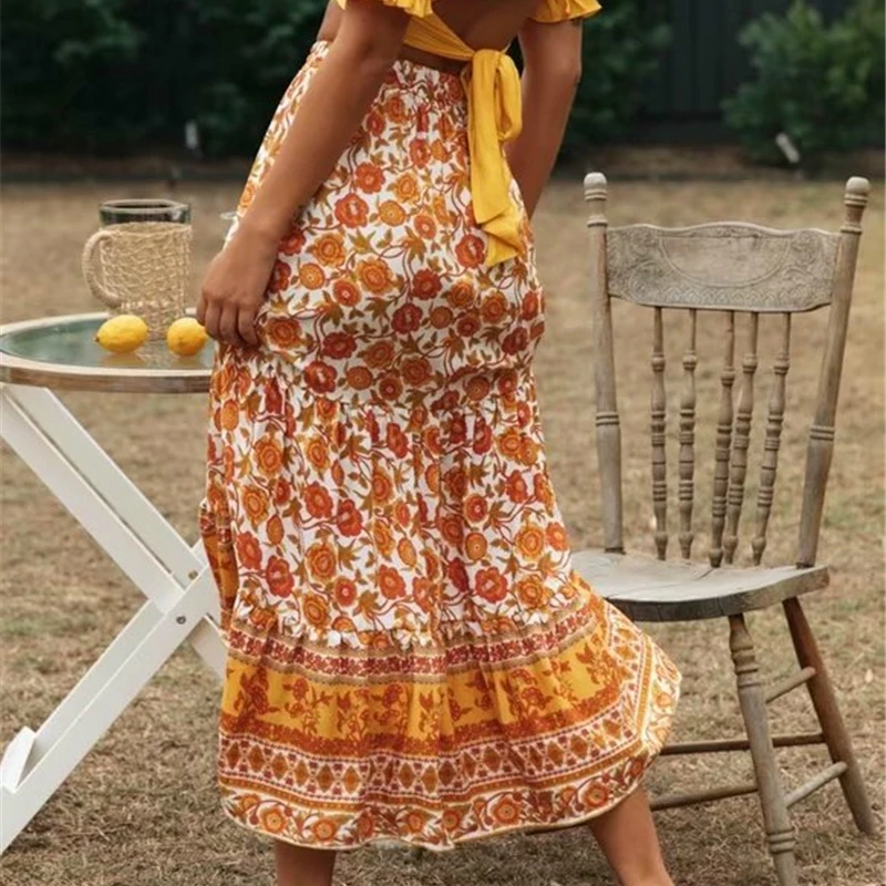 Vintage šiks vasaras modes Hipiju sievietes dzeltena ziedu pāvs iespiesti beach Bohēmijas Maxi svārki Dāmas viskozes Svārki Boho