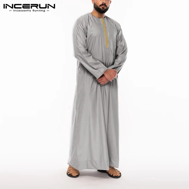 Vīriešu Jubba Thobe Vintage Raibs garajos svārkos INCERUN Vīriešu garām Piedurknēm O Kakla Musulmaņu Caftan Mantijas Kabatā Islāma Dubaija Apģērbu 7