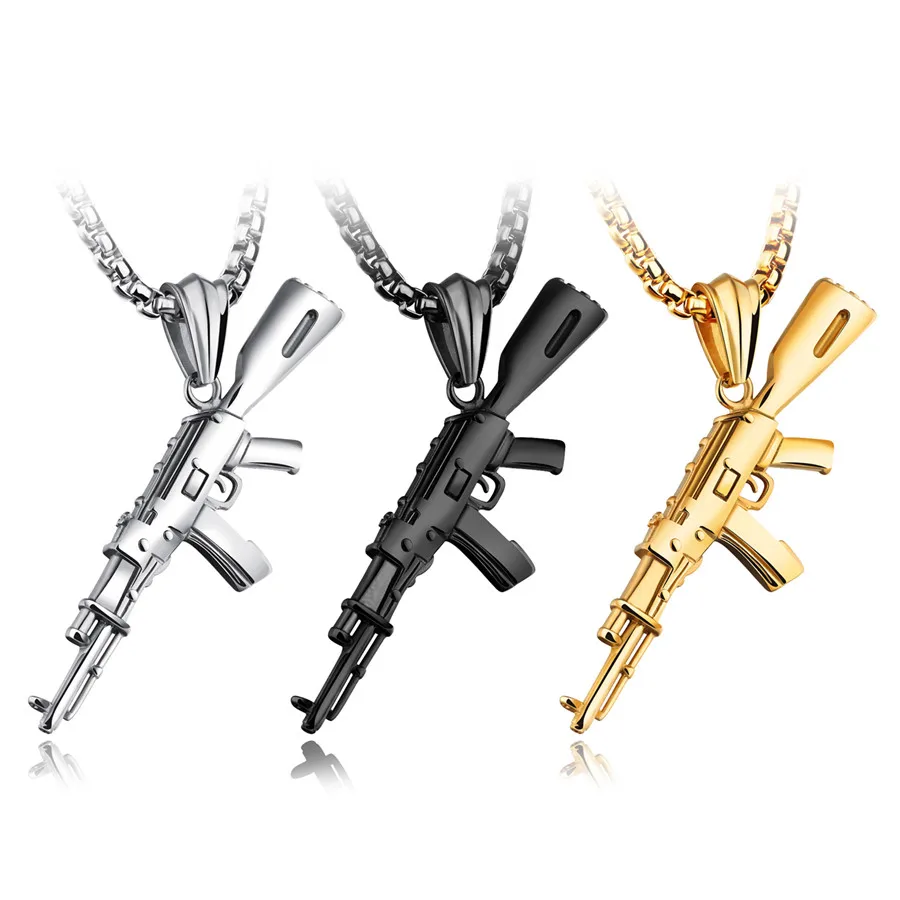 XQNI Vīriešu Kaklarotas AK-47 Šautene Modelis Ledus-Out Kulons, Kaklarota, Nerūsējošā Tērauda Hip Hop Velosipēdu Militāro Vīriešiem, Modes Rotaslietas