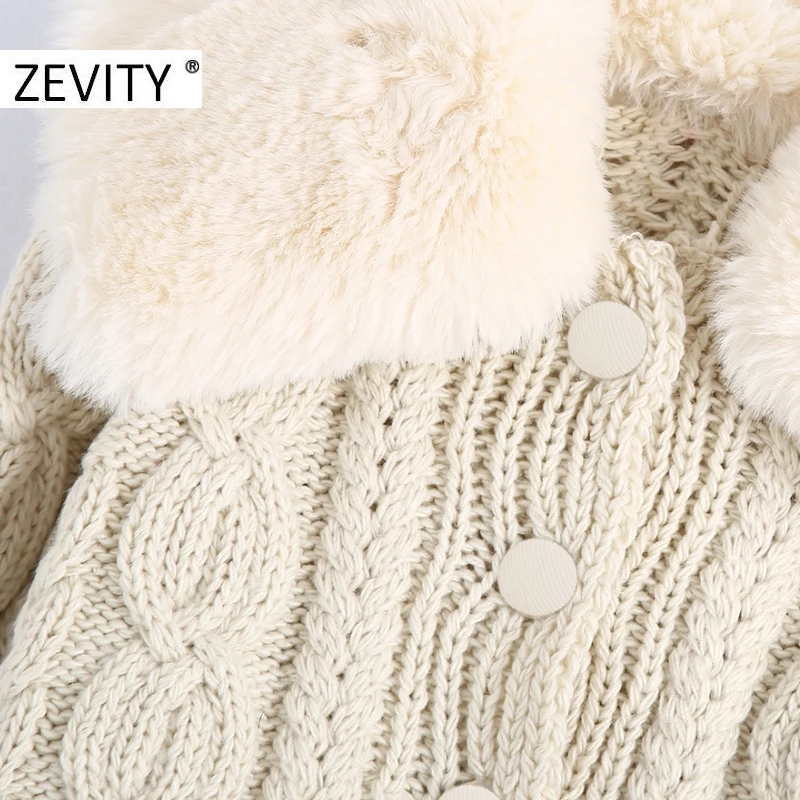 Zevity Jaunā Sieviešu Modes Faux Kažokādas Apkakle Raibs Adīšanas Ikdienas Džemperis Femme Šiks Vērpjot Tamborēšanas Īsā Jaciņa Topi S457