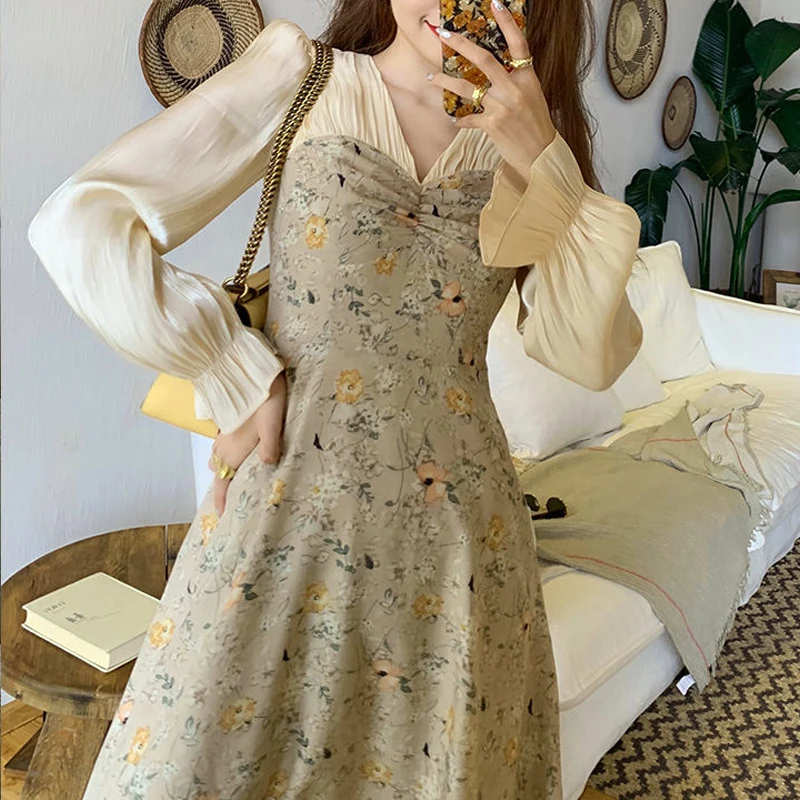 Ziedu Vintage Pilnu Piedurknēm Kleita Eleganta Sieviešu Vakara Augsts Viduklis Kleitas Dāma Gadījuma Rudens 2020. Gadam Sieviešu Korejas Fahsion Apģērbi