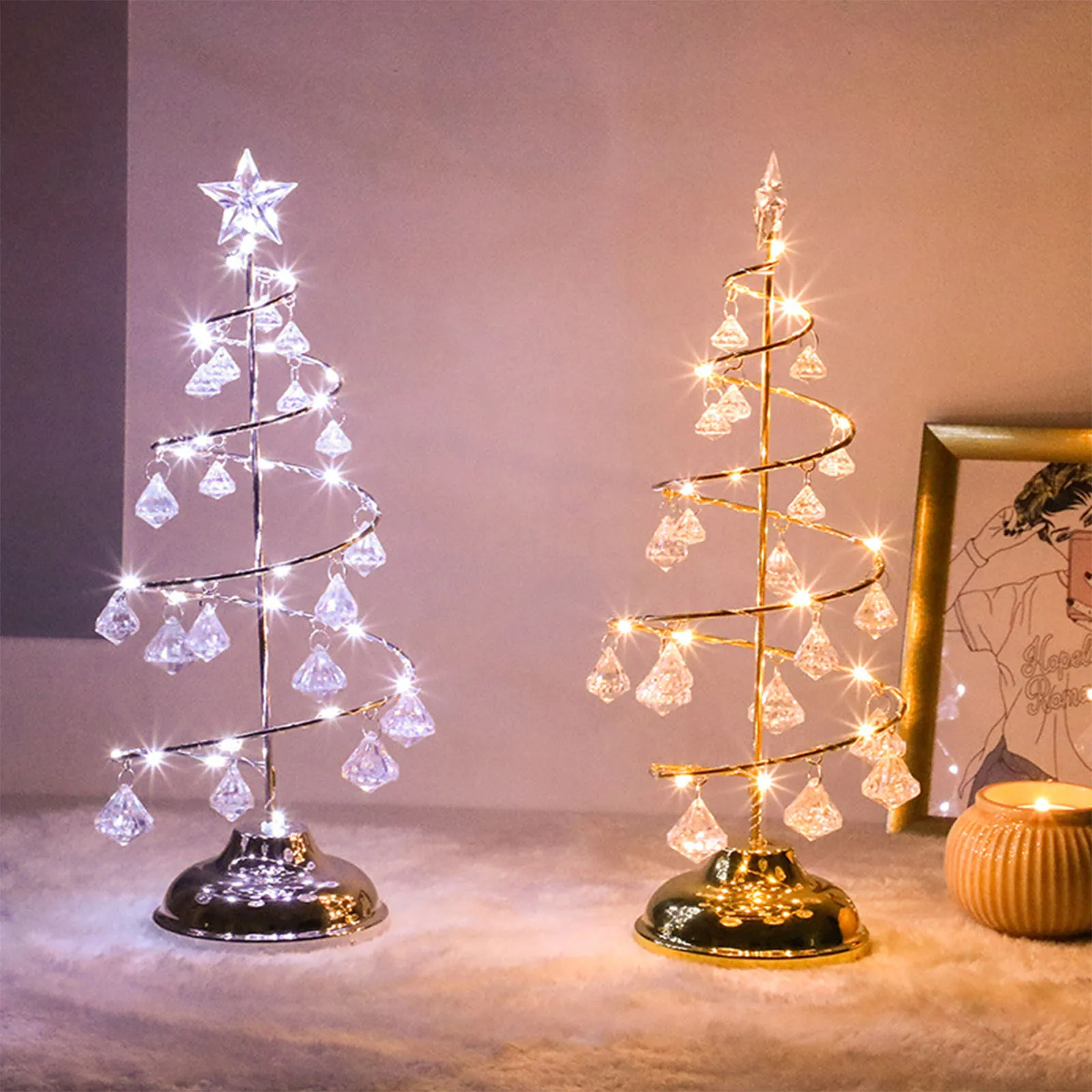 Ziemassvētku LED Gaismas Ziemassvētku Eglīte Lampas Dekoratīvās Nakts Gaismas ar Kristāla Piekariņi, Lai Guļamistaba viesistaba