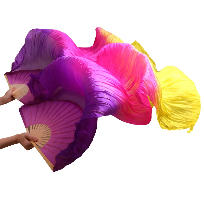 1 Pāra Deju Fani Bambusa Ribas Dabīgā Zīda Skatuves Sniegumu Aksesuārus Krāsošanas Fani Sievietes Vēdera Deju Zīda Fani purple+rožu+dzeltena