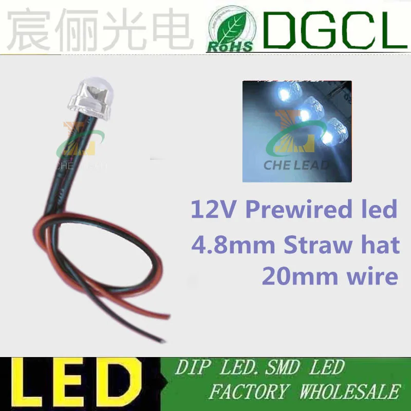 100GAB 4.8 mm DC12V/24V telefona led Izkliedēts Sarkans/Zaļš/Zils/Dzeltens/Balts 5mm straw hat led 20cm DIP LED indikators pre-vadu led