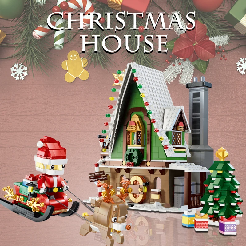 1452PCS Pilsētas Ziemassvētku Māja Modeļa Radītājs Celtniecības Bloki Ziemas Sniega Mājas Santa Claus Skaitļi Ķieģeļi Rotaļlietas Bērniem Dāvanu