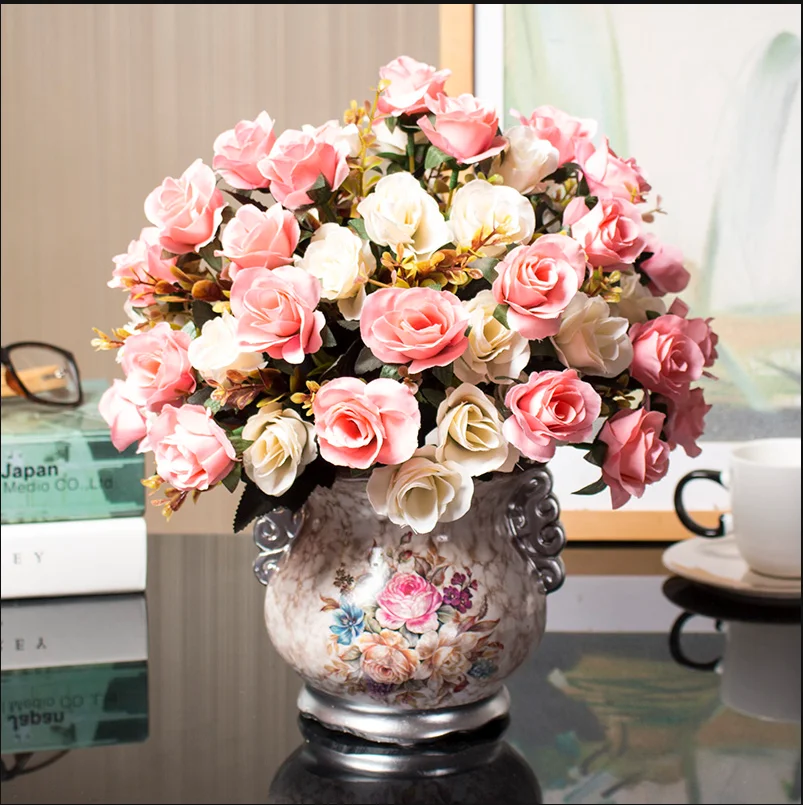 1set Eiropas mākslīgo ziedu+vāze viesistabā mājas tabula kāzu dekori podos bonsai rotājumu zīda ziedi +Keramikas vāze dāvanu