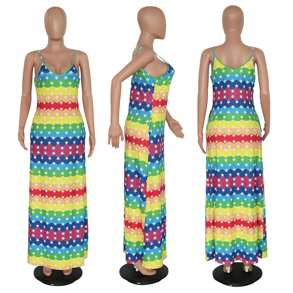 2019 Sieviešu vasaras varavīksnes kaklasaites krāsu svītras star print spageti siksnas piedurknēm pludmales modes gara kleita maxi vestidos