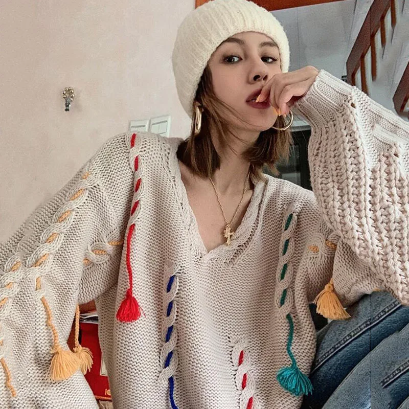 2020 Rudens Ziemas Sieviešu džemperi Eiropā Zaudēt Pušķis Džemperis Džemperis Dziļu V Kakla Džemperis Sievietēm