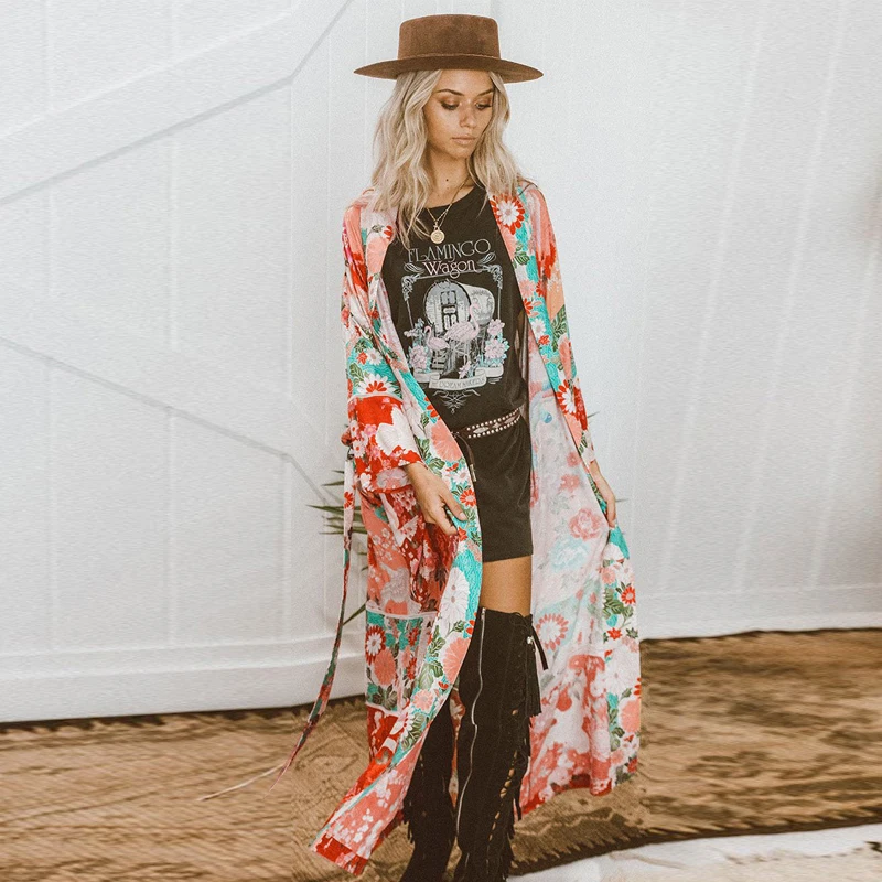 2020 Šifona Sieviešu Kimono Jaka Ziedu Iespiests Ar Garām Piedurknēm Ar Jostu Gadījuma Zaudēt Ilgi Outwear Plānas Segtu Ups Plus Lieluma Beachwear