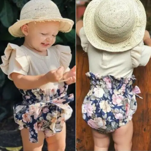 A 2019 Modes Jaundzimušais Meiteņu Topi Romper Bodysuit Bikses, īsās bikses-Šorti Galvu Apģērbs Izdrukāt Lotus Malas Meitenes'Clothing Komplekts 0-18M