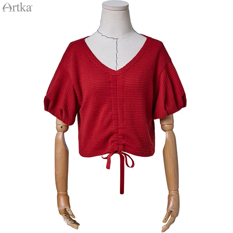 ARTKA 2020. gada Vasarā Jaunā Sieviešu T-krekls Vintage V-veida Kakla Puff Sleeve Red Topi Aukliņu Kultūraugu Top Brīvs T-krekli, Sieviešu SA25203X