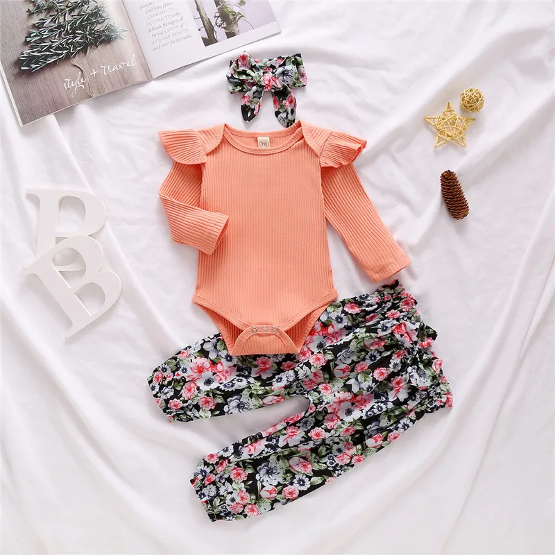 Baby Girl Apģērbu Komplekti Cietas Ribas Trikotāžas Bodysuit + Ziedu Bikses + Galvas stīpa 0-24M Jaundzimušā bērna Rudens Gadījuma Kokvilnas Apģērbs