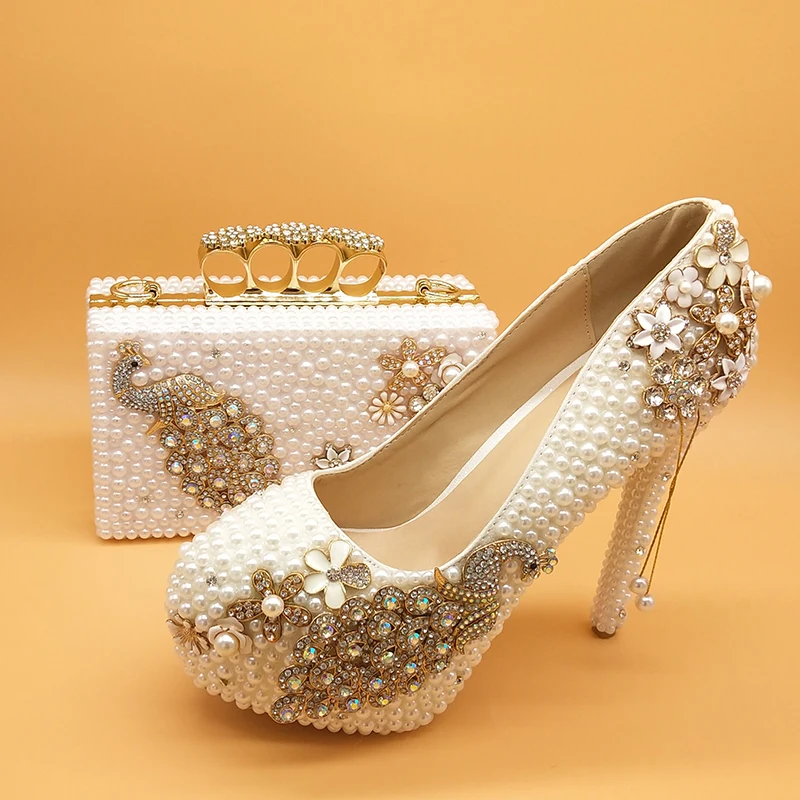 BaoYaFang White pearl Sieviešu kāzu kurpes ar atbilstošas somas līgava augstpapēžu kurpes platformas kurpes Pāvs Dāmas Paty kurpes un soma