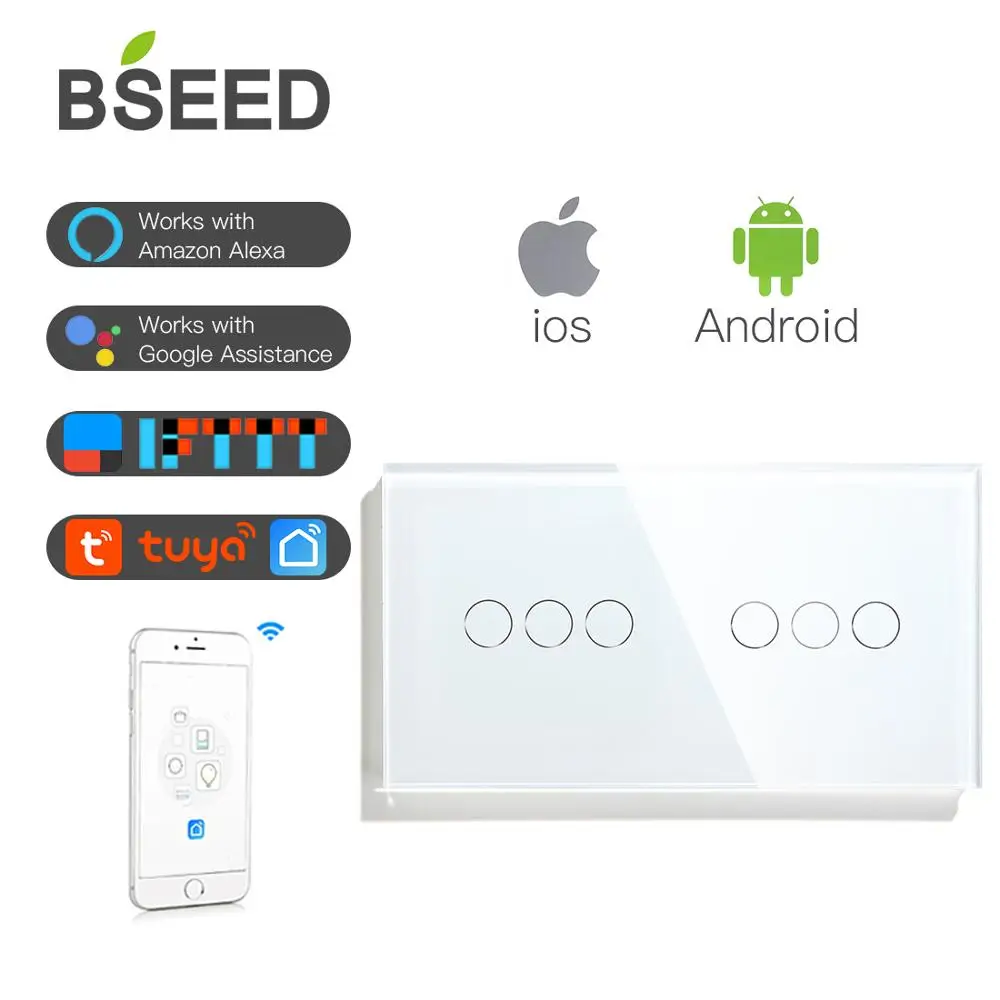 Bseed 6 Banda Wifi Kontroles Dubulto Gaismas Slēdzi Touch Switch Sienas Slēdzis 3 Krāsu Kristāla Klases Panelis Modes Smart Switch