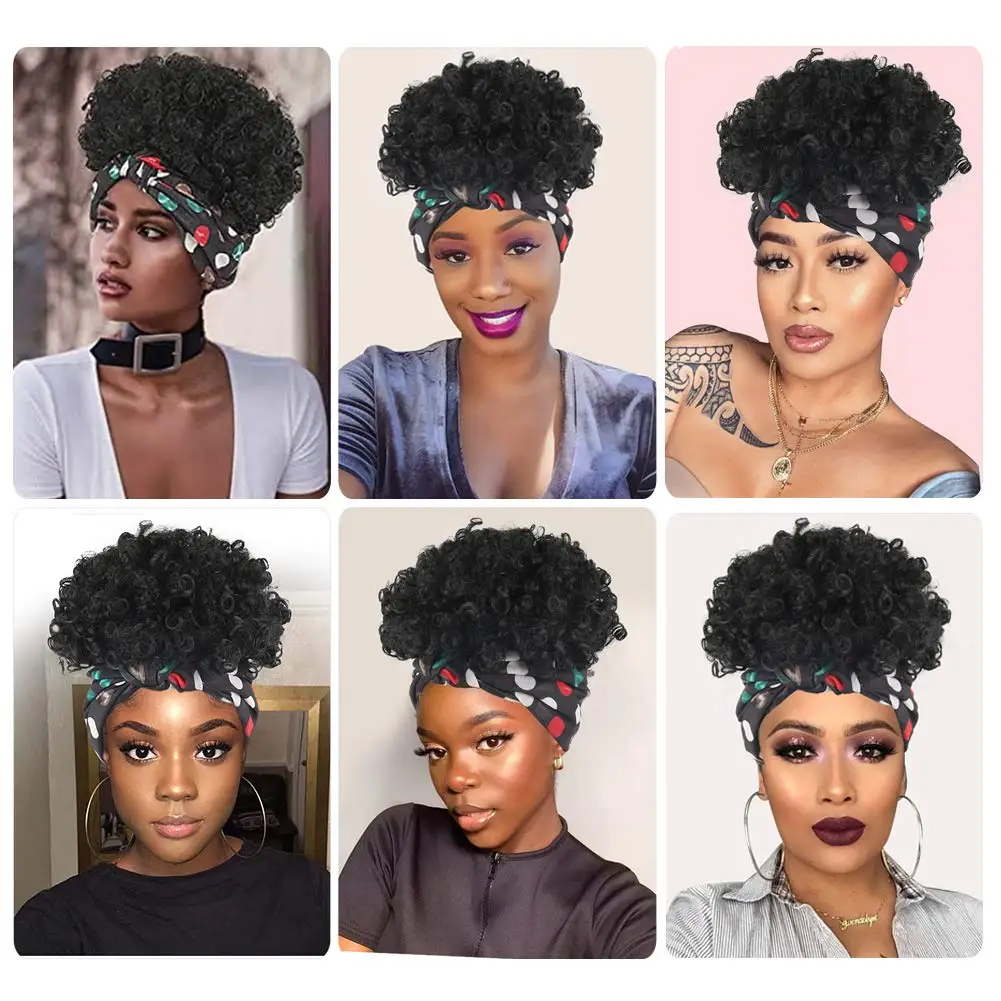 Deyngs Turban Wrap-parūka 2 in 1 Afro Puff Hairband Bun Īss Kinky Cirtaini Aukliņu Sintētisku Parūku Headwrap Parūka afroamerikānis