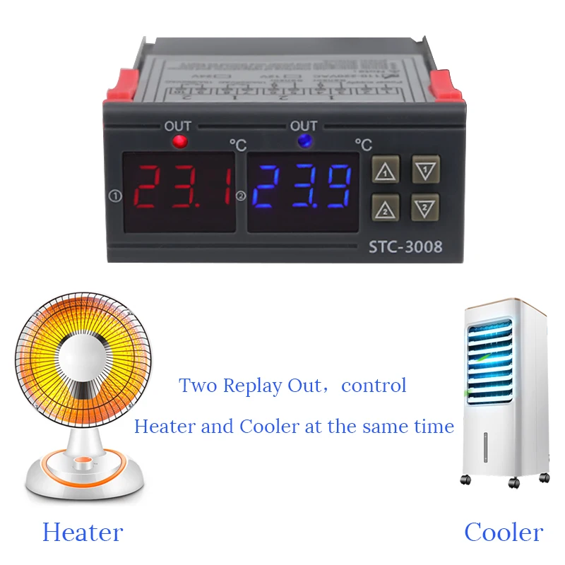 Dual Digitālais Temperatūras regulators Divi Releja Izejas Termostats Thermoregulator 10.A Apkures, Dzesēšanas STC-3008 12V 24V 220V