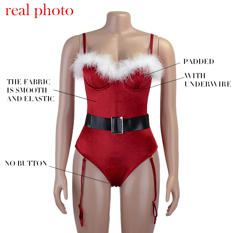 Echonight Ziemassvētku Bodysuit Sieviešu Spalvu Ziemassvētku Drēbes, Dūnu Kombinezons Sievietes Ķermeni ar Jostu Samta Piedurknēm Ķermeņa