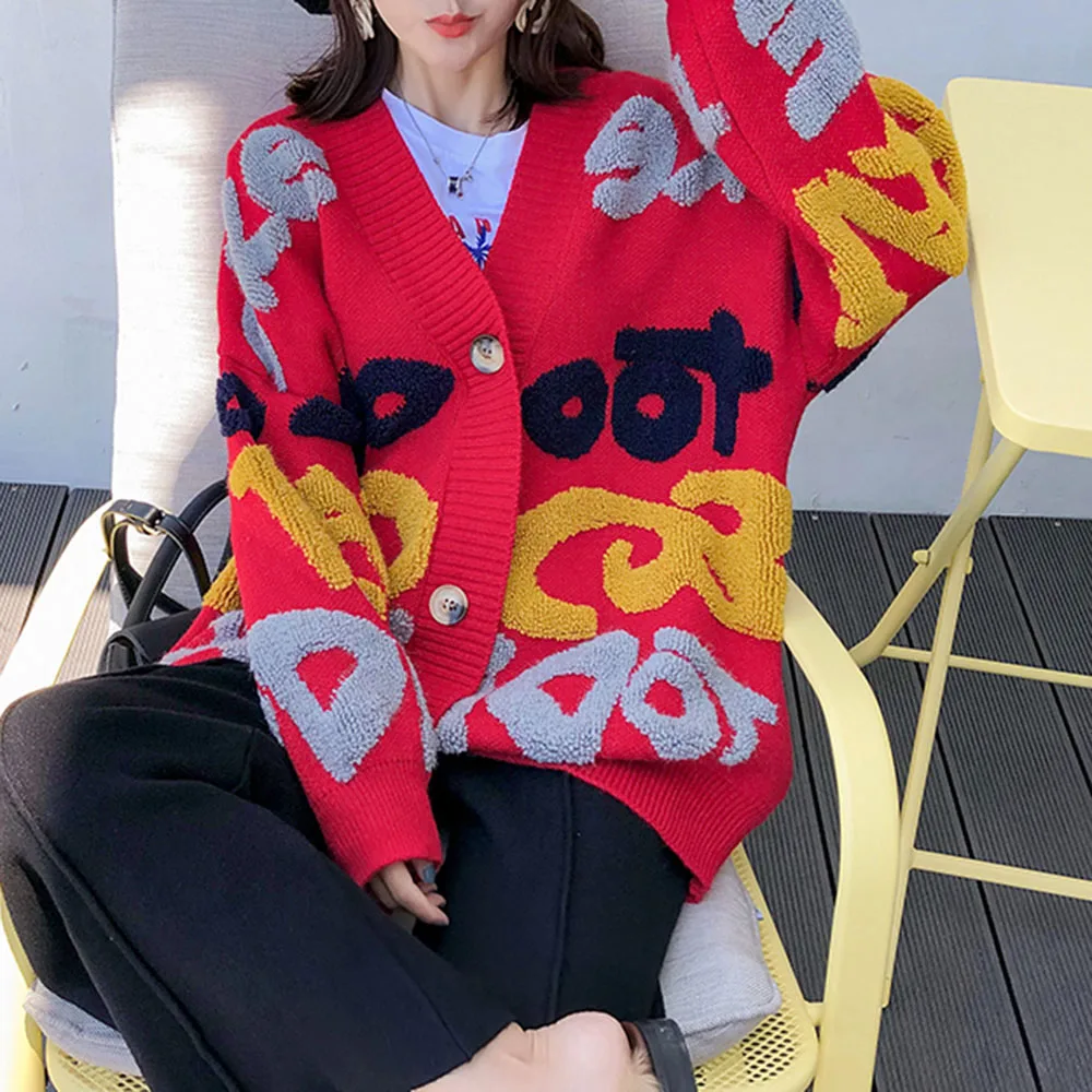 Gadījuma Lielajam Vēstuli Izdrukāt Jaka Džemperis Sieviešu Modes Biezs Silts Korejas Adīts Mētelis Outwear Trikotāža 