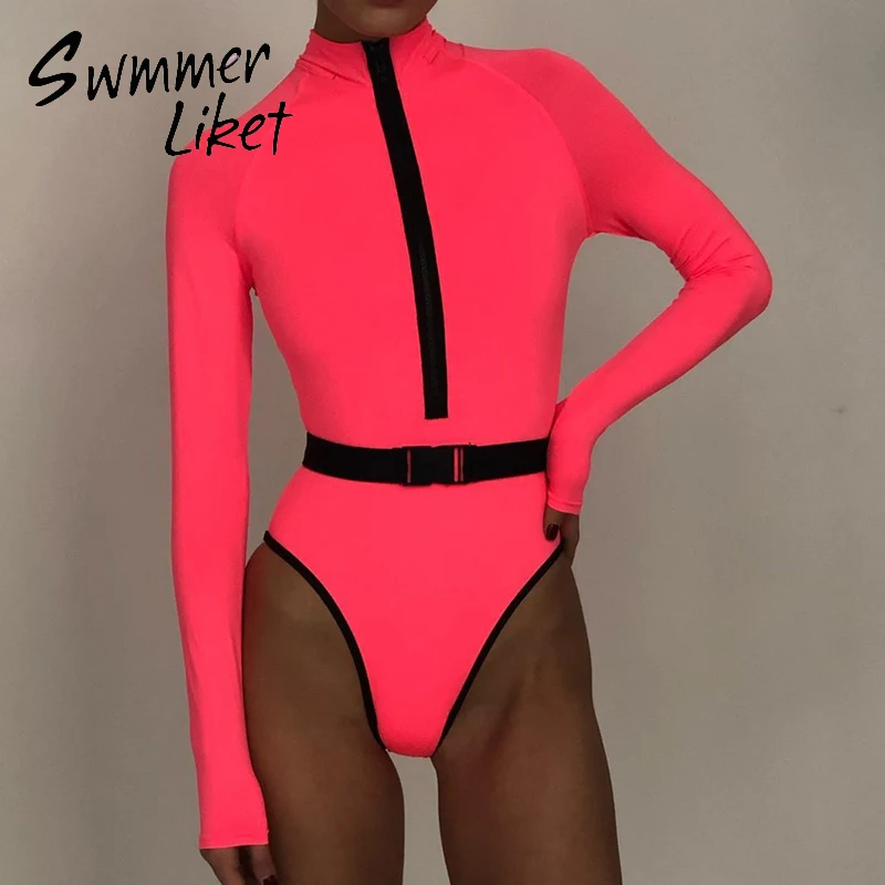 Garas piedurknes viens gabals peldkostīms sievietēm Sexy neona peldkostīmi sieviešu Jostu, rāvējslēdzēju monokini Augsta kakla peldkostīms bodysuit 2020. gada vasaras
