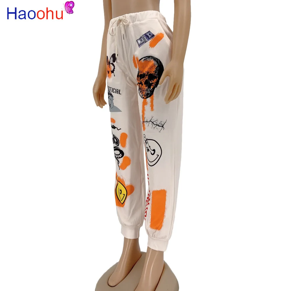 HAOOHU Streetwear Karikatūra Galvaskausa Drukāt Sieviešu Bikses Rudens Elastīgs Augsts Viduklis Kabatas Bikses Drapēti Jogger Bikses, Treniņbikses