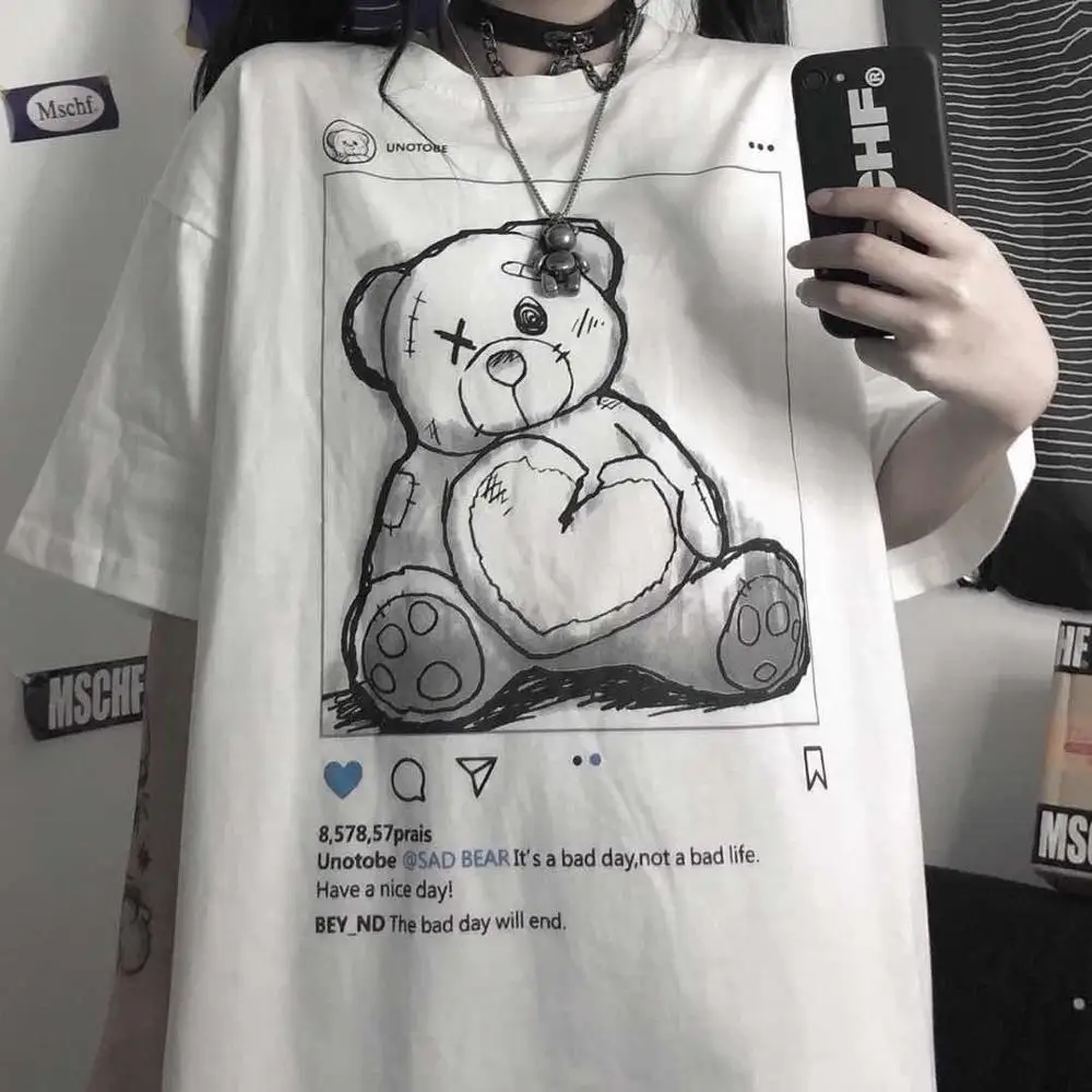 Harajuku Black Karikatūra T-Krekls Sievietēm Hip Hop Amīnu Lācis T Streetwear Pusi Piedurknēm Kawaii Tees Smieklīgi Gadījuma Brīvs T Krekli
