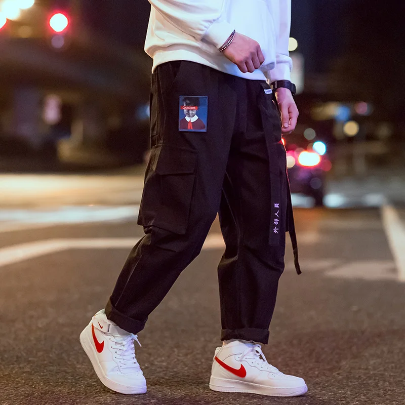 Hip Hop Kravas Bikses Vīriešu Multi Kabatas Harēma Treniņbikses Joggers Vīriešu Lentes Japāņu Izšuvumi Gadījuma Brīvs Bikses Streetwear