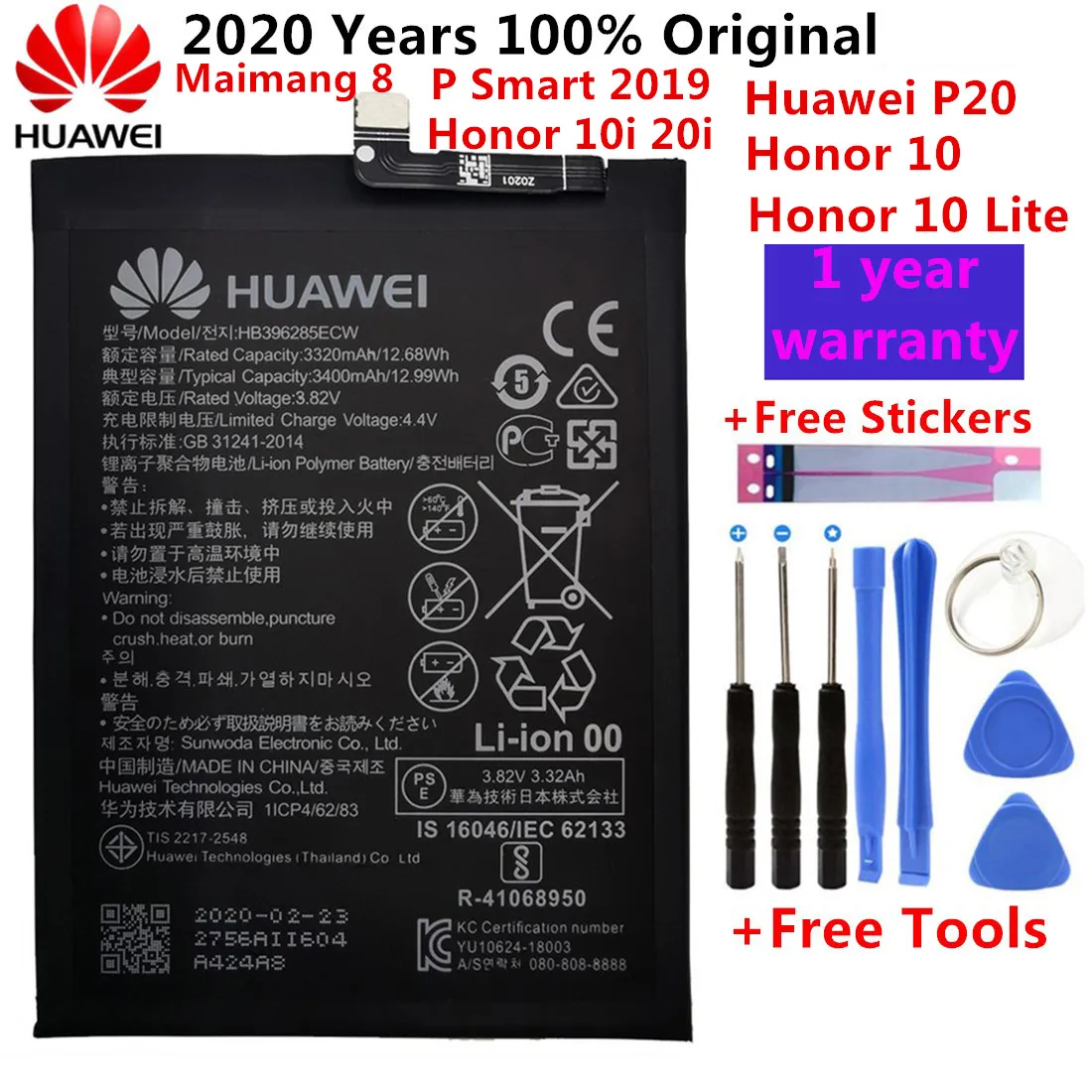 Hua Wei Sākotnējā 3400mAh HB396285ECW Tālruņa Akumulatora Huawei P20 Godu 10 Godu 10 Lite P Smart 2019 / Gods 10es 20i Baterijas