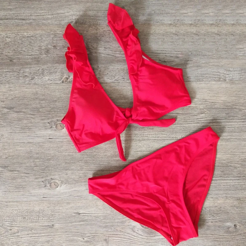 Jauna Bikini 2019 Hot Bikini Komplekts Sievietēm Sexy Black Red Peldkostīmu Push Up Peldkostīmi, Cieta Sieviete Ruffles Beachwear Peldēt Peldkostīmu
