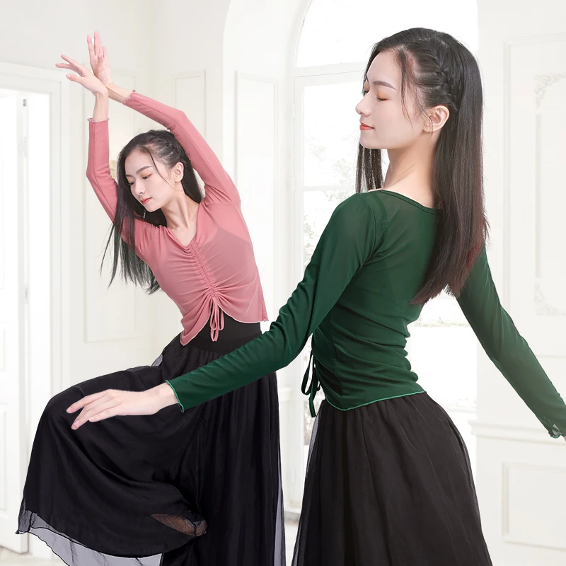 Klasiskās Dejas Drēbes Sievietēm, Redzēt Cauri Cieto Acs Topi Ar Garām Piedurknēm Aukliņu Baleta T-Krekls Sieviešu Deju Kostīms