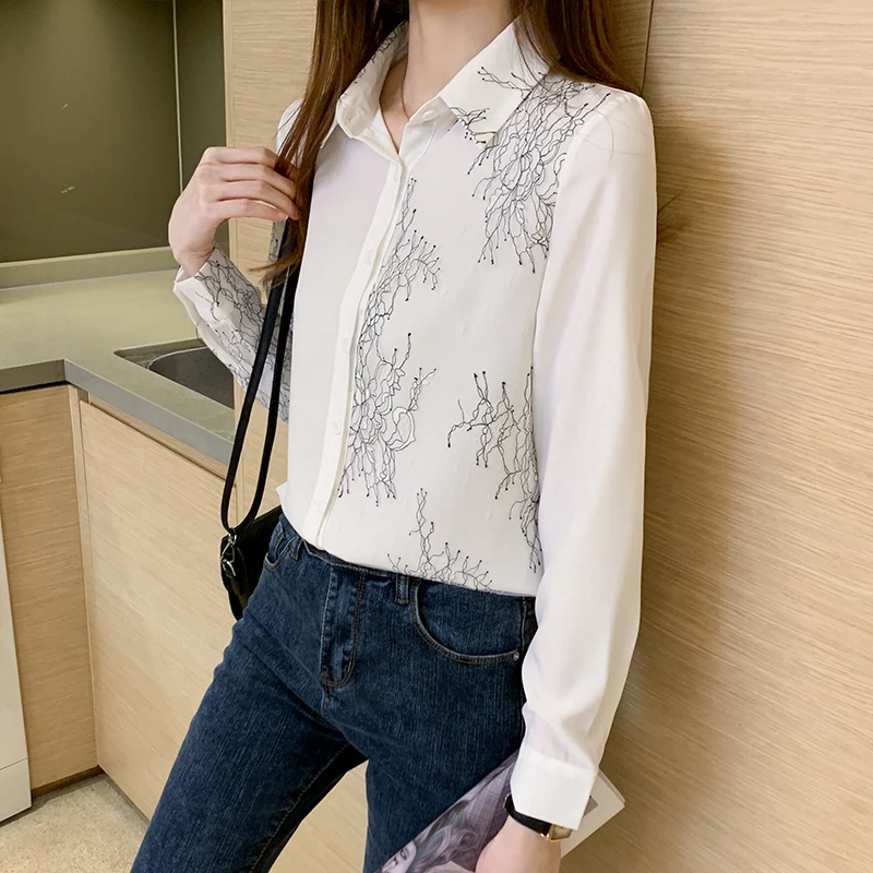 Korejas Sieviešu Blūze Balti Krekli Sieviete Ar Garām Piedurknēm Blūzes Sieviešu Šifona Kreklu Elegants Birojs Dāma Drukāšanas Krekls Topi Plus Lieluma