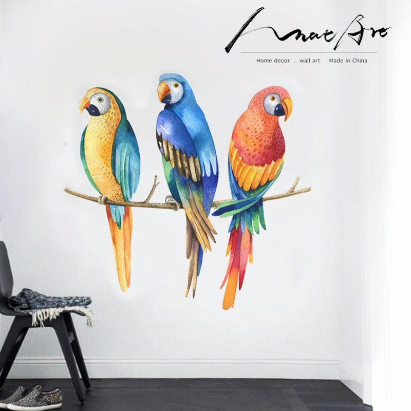 Krāsa papagailis uzlīmes, akvarelis mūsdienu mājas guļamistaba dekori Putnu dzīvnieku sienas mākslas bērni telpu dekorēšana aksesuāri DIY vinilo mizots