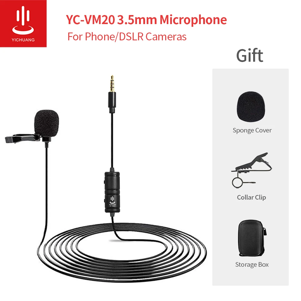 Lavalier Mikrofons YC-VM20 Clip-on Lavalier Mini Audio 3,5 mm Apkakles Kondensatoru Atloks Mic ieraksta Audio un Video Kameras Tālrunis