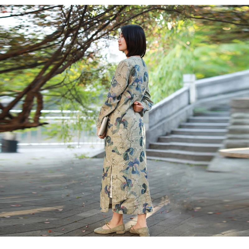 LZJN Ķīniešu Stilā Cheongsam 2019. Gada Pavasara Rudens Izšūšanas ar garām Piedurknēm Maxi Kleitu Elegants Sieviešu Vintage Raime Drēbes Qipao Kleita