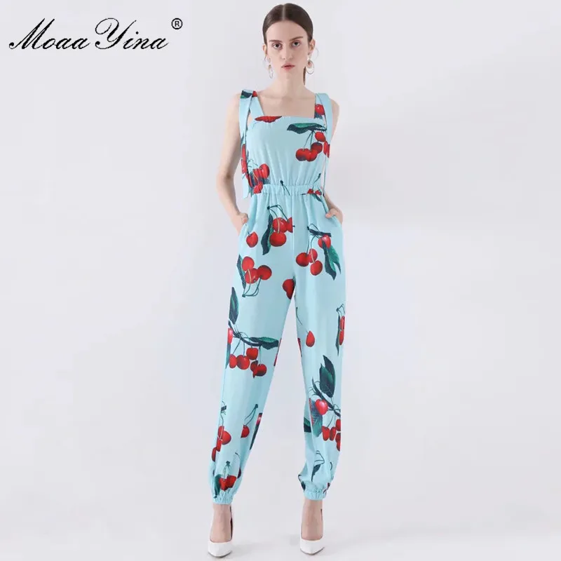 MoaaYina Pavasara Vasaras Dizaineru Jumpsuits Sieviešu Spageti Siksnas Augļu Ziedu-Print Slim Elegants Jumpsuits