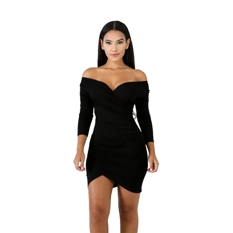 Modes Seksīga Nakts Klubu Kleita 2019 Rudens Sloid Krāsā ar garām Piedurknēm Zemu krūtīm V-veida Kakla Melna Bodycon Kleita Femme Mini Kleita Vestiods