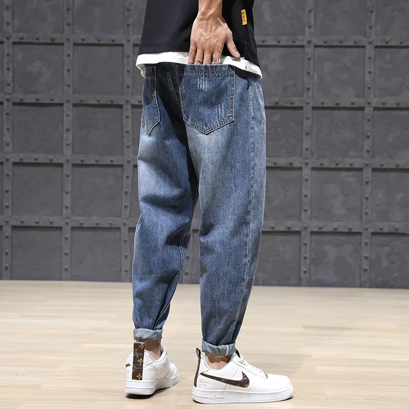 Modes Streetwear Vīriešu Džinsi Loose Fit Zilā Nulles Ripped Džinsa Harēma Bikses Korejiešu Stilā, Hip Hop Džinsi Vīriešu Plaša Kāju Bikses