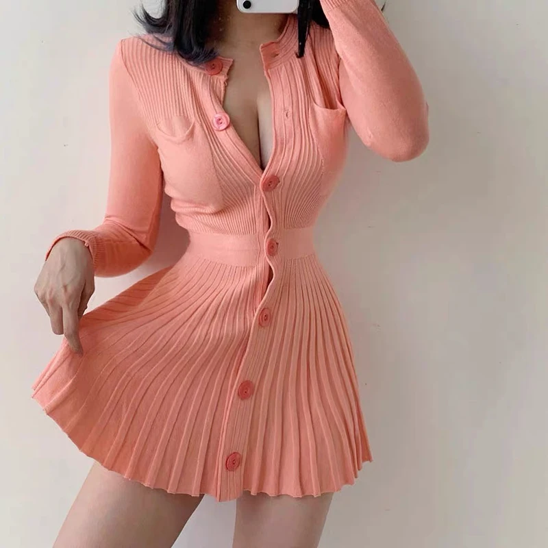 Pavasara 2020. gadam garām piedurknēm trikotāžas kleita, viegls un salds vienu krūtīm, Kroku Kleita ar vidukļa slēgts sexy oranža