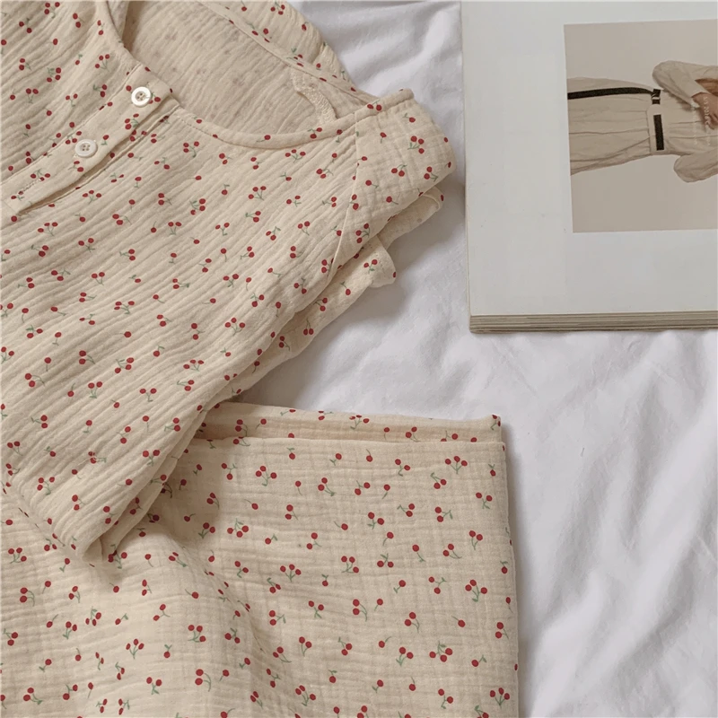 Pavasara rudens mīksta kokvilnas pidžamas komplekts sievietēm ķiršu sleepwear ruffles garām piedurknēm top bikses 2gab mājas tērps aprikožu Y261