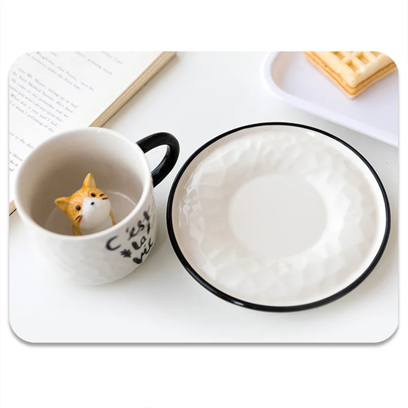 Radošās Keramikas Krūze ar Karoti Renes Gudrs Kaķis Atvieglojumus, Kafijas Piens, Tēja Rīkoties ar Porcelāna Tasi Pāris Ūdens Kausa Jaunums Dāvanas