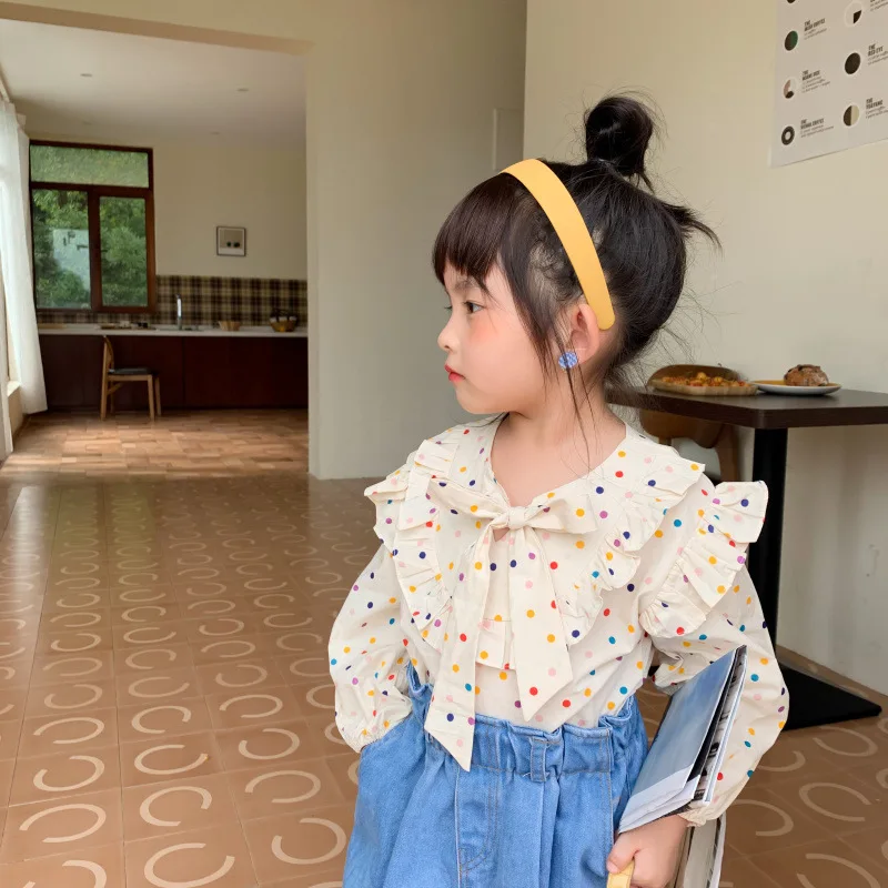 Rudens meiteņu blūze Jauna Meitene garām Piedurknēm Krāsains Dotted Krekls korejiešu Stilā Maza Meitene Priekšgalā Augšu